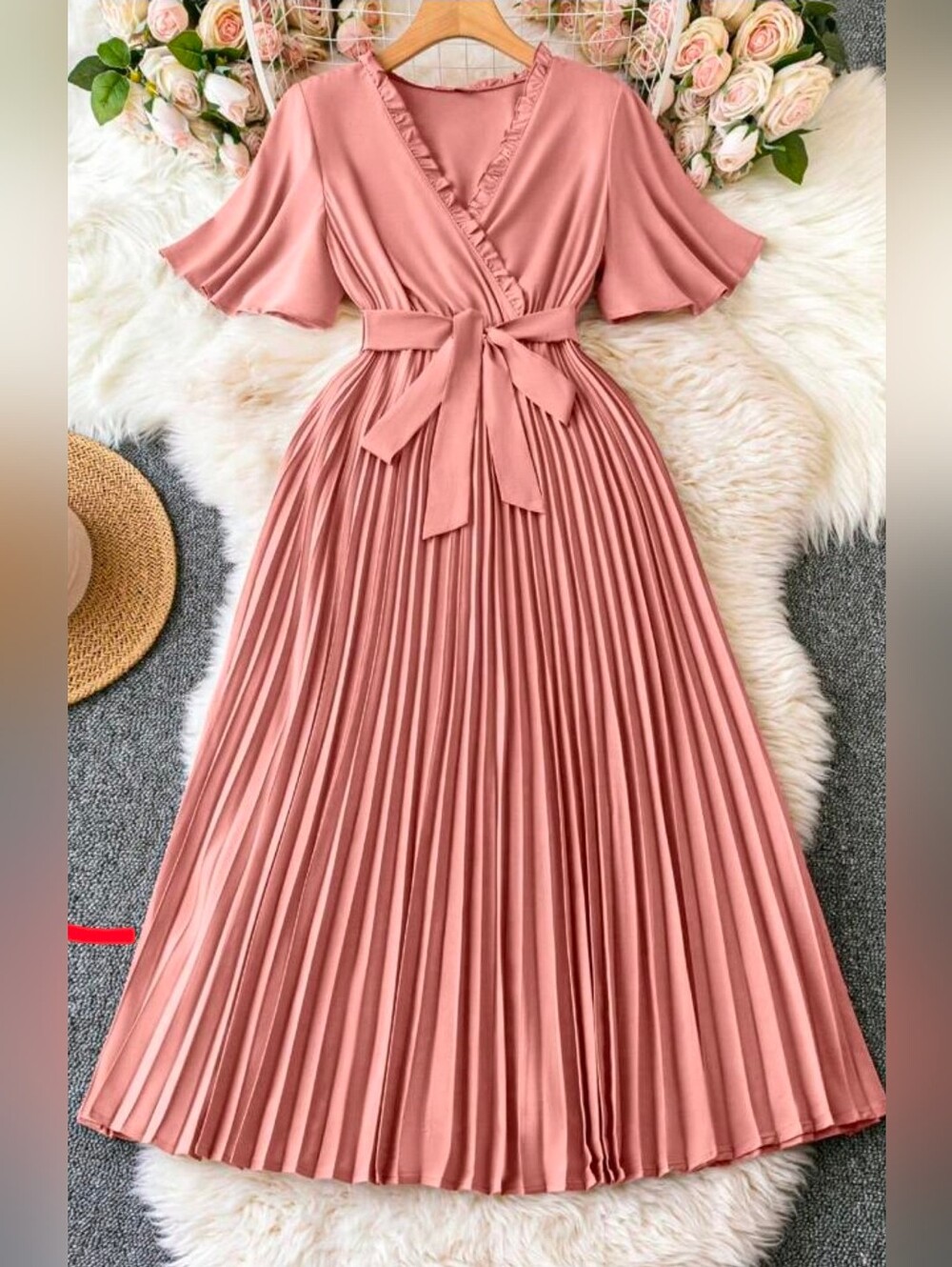 SHEIN Dusty Rose Pleated Wrap Maxi Dress